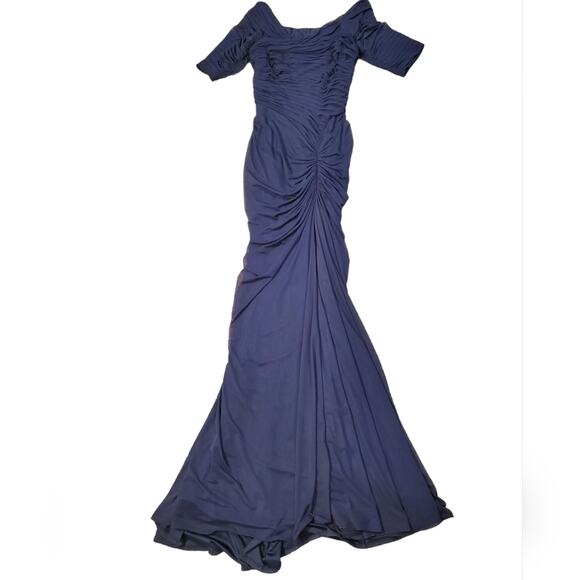 Tadashi Shoji Ruched Quarter Sleeve Maxi Floor length Gown Dress Sz S Small - Picture 1 of 6